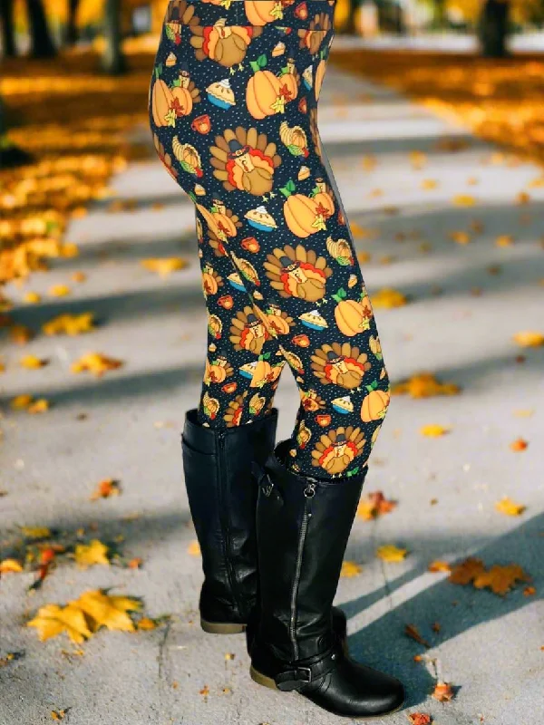 Womens Thanksgiving Dinner Turkey Leggings, Pumpkin Pie Cornucopia Fall Leggings, Sizes OS/TC, Brown/Multi, Yoga Waist, Exclusive Leggings Casual Black Leggings