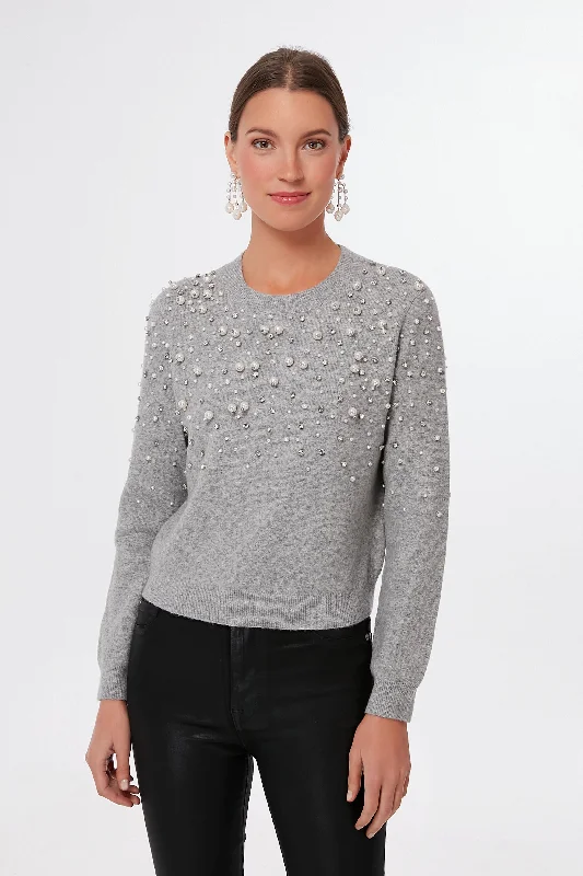 Gray Melange Pearl Rhinestone Embellished Sweater Elegant Classic Vintage