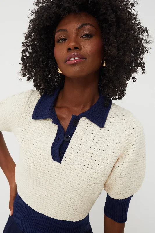 Ivory and Navy Altea Sweater Turtle Neck Boat Neck Asymmetrical Neck