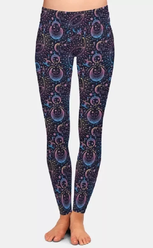 Ladies Astronomical Geometry Moon & Stars Printed Leggings Cozy Ribbed Leggings