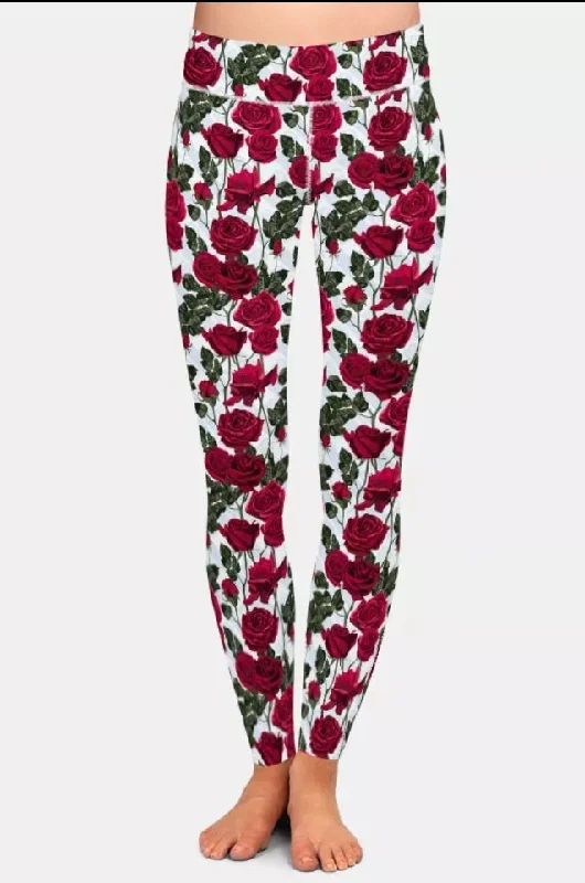 Ladies Beautiful Red Rose Flowers Printed Leggings Casual Sporty Leggings