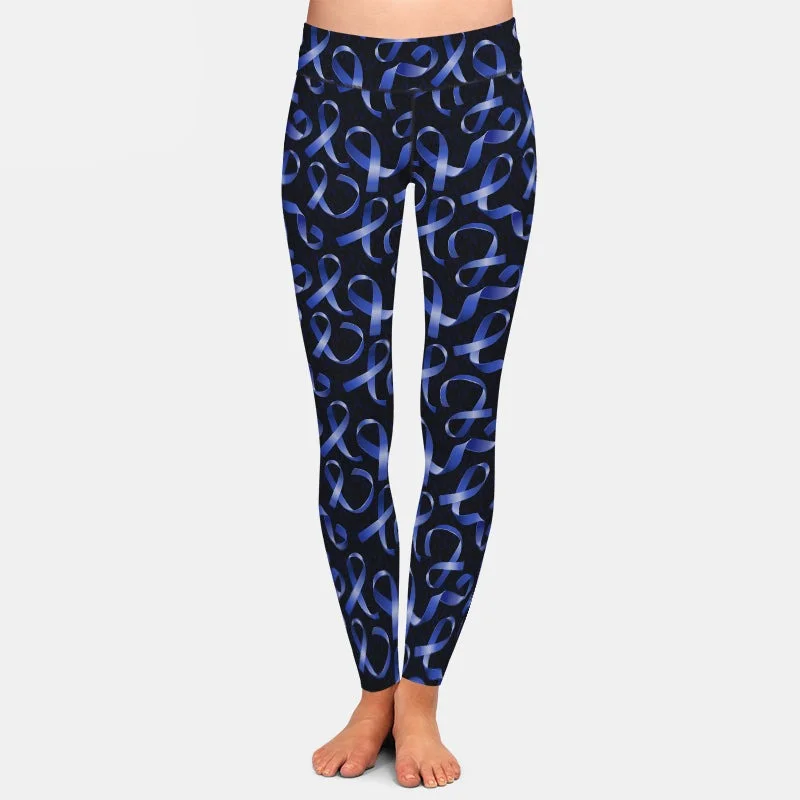 Ladies Blue Ribbon Printed Soft Brushed Leggings Stylish Patterned Active Leggings