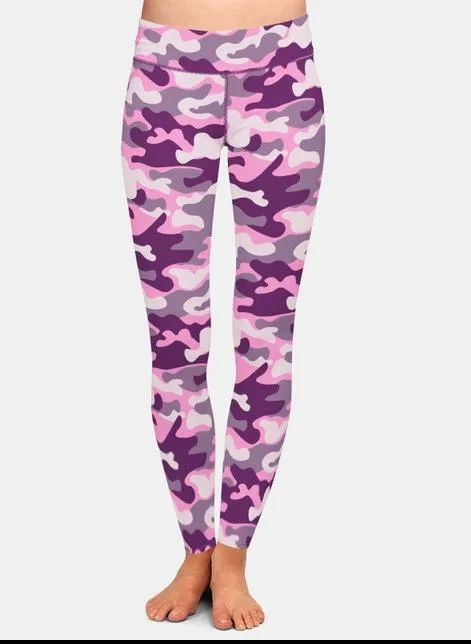 Ladies Pink/Purple Soft Camo Leggings Comfortable Ribbed Sports Leggings