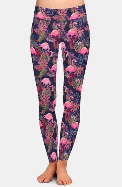 Ladies Super Soft Flamingos and Palms Printed Leggings Fashionable High-Rise Workout Leggings