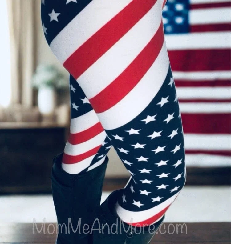 Womens American Flag Leggings, Patriotic 4th of July Pants, Sizes 0-18, No-Roll Waist, Red/White/Blue Stylish Stretch Pants Leggings