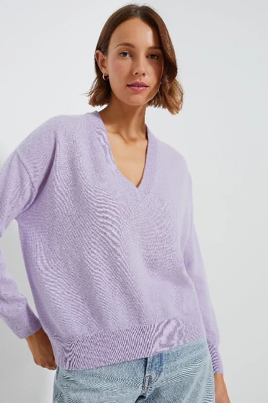 Lilac Cashmere Emma V-Neck Boyfriend Sweater Beaded Sweater Sequined Faux Fur