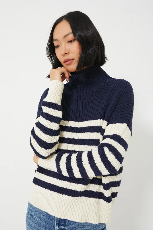 Navy Colorblock Stripe Organic Carolyn Funnel Neck Sweater Fleece Sweater Nylon Polyester