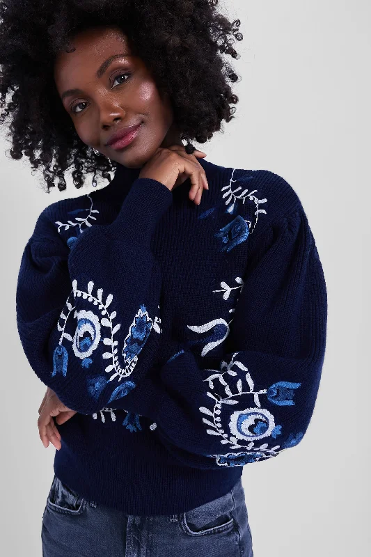 Navy Inga Embroidery Longsleeve High Neck Sweater Lace Blend Ribbed Blend Corduroy Blend