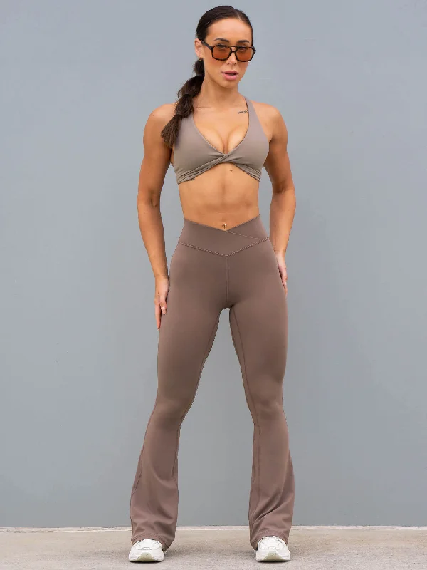 NKD Cross Over Flared Leggings - Taupe Fashionable Sports Compression Leggings