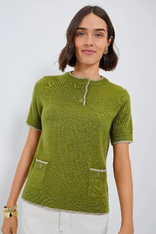 Olive Green Robbie Short Sleeve Sweater Welt Pockets Slit Pockets Flap Pockets