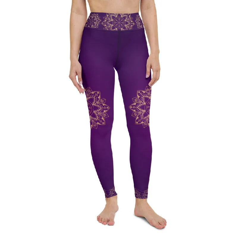 Purple Gold Mandala High Waist Womens Yoga Leggings Comfortable Ribbed Sports Leggings