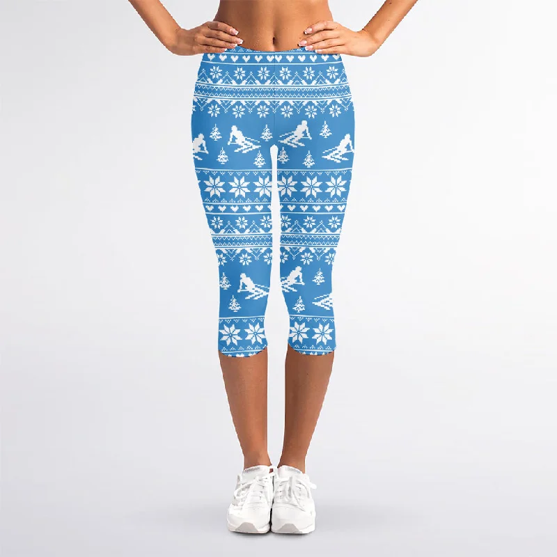 Winter Ski Knitting Pattern Print Women's Capri Leggings Comfortable Capri-Length Leggings