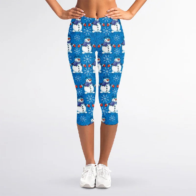 Winter Snowman Pattern Print Women's Capri Leggings Stylish Ultra Stretch Leggings