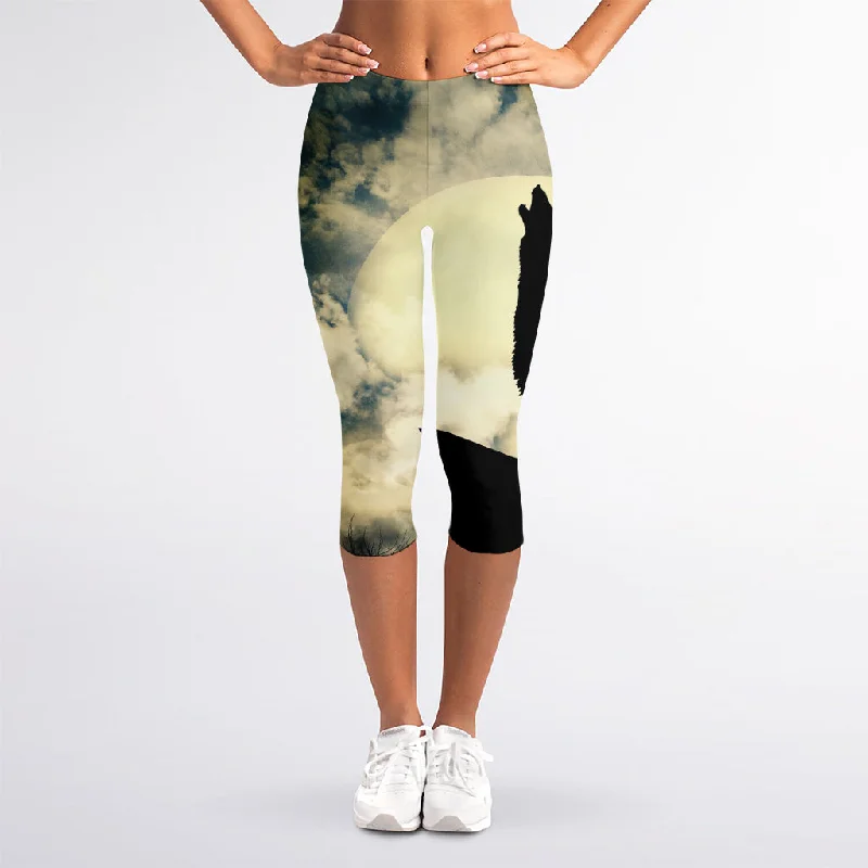 Wolf Howling At The Full Moon Print Women's Capri Leggings Trendy Full-Length Leggings