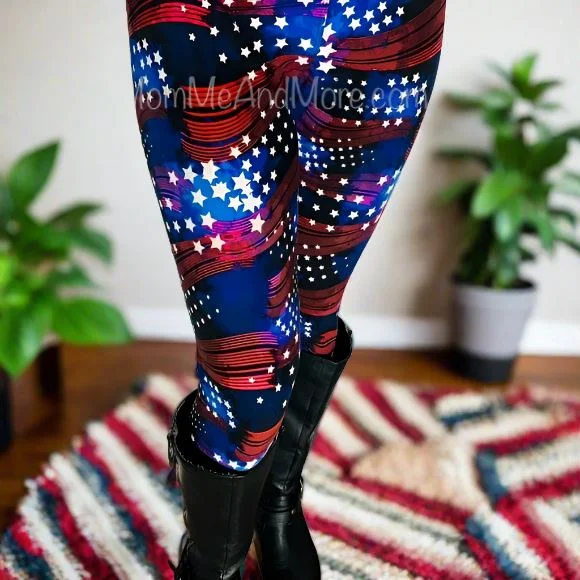 Womens American Flag Leggings, Patriotic 4th of July Pants, Sizes 18-22, No-Roll Waist, Red/White/Blue Fashionable Leather-Look Leggings