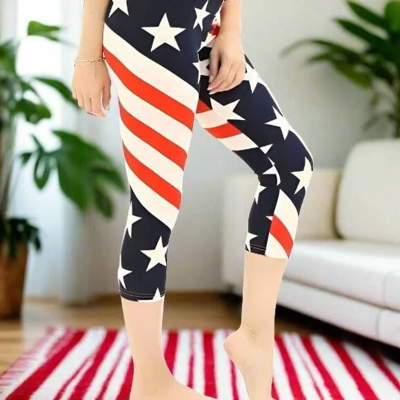 Womens American Flag Capri Leggings, Patriotic 4th of July Pants, Sizes 0-18, No-Roll Waist, Red/White/Blue Trendy Black Mesh Leggings