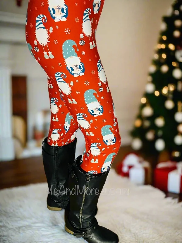 Womens Christmas Jolly Gnome Leggings, Soft Yoga Pants, Sizes OS/TC, Yoga Waist, Red, Exclusive Leggings Classic Solid Color Leggings