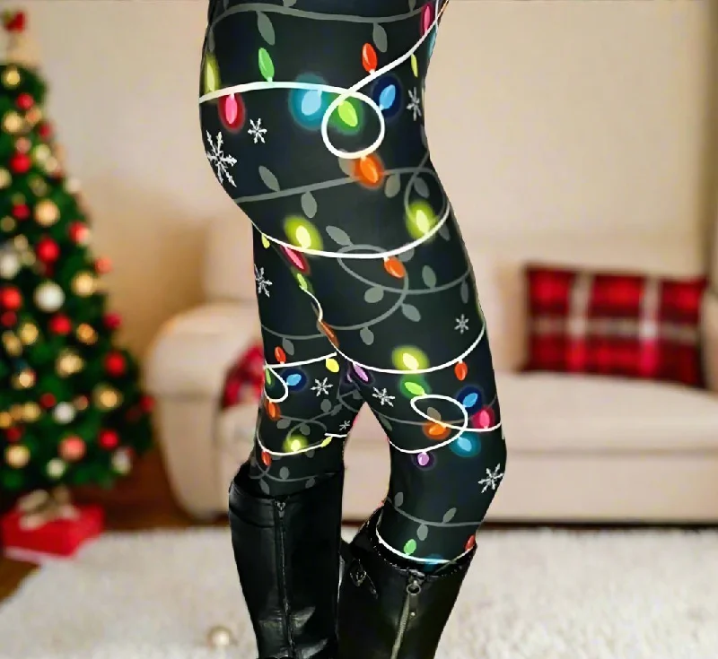 Womens Christmas Lights Leggings, Soft Yoga Pants, Sizes OS/TC/TC2, Yoga Waist, Black/Multi, Exclusive Leggings Fashionable Solid Color Tights