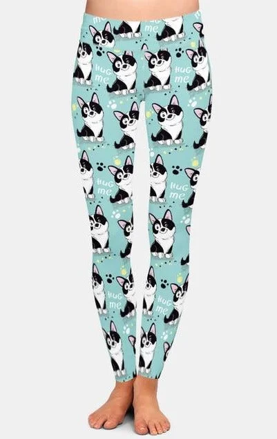 Womens Cute Cartoon Dog Brushed Leggings Fashionable Embroidered Detail Leggings