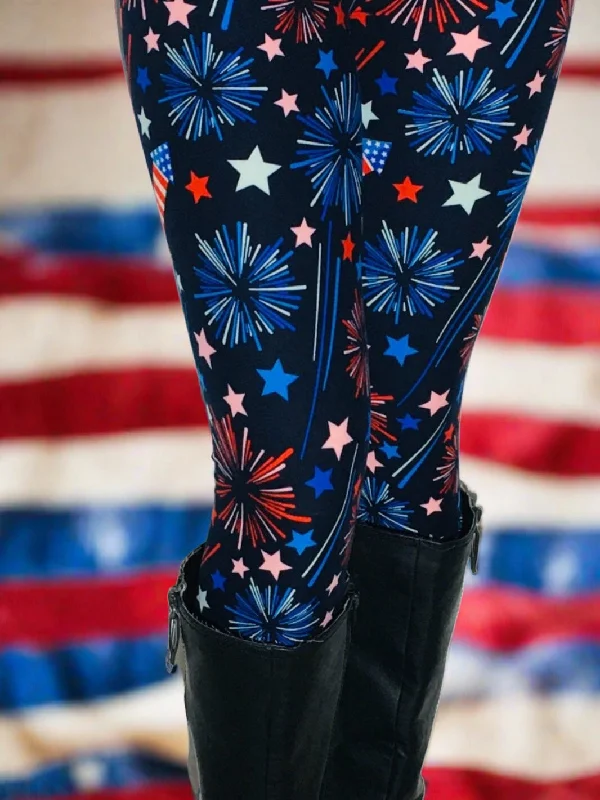 Womens American Flag Sparkles Leggings, Patriotic 4th of July Pants, Sizes 0-18, No-Roll Waist, Red/White/Blue Stylish Compression Fit Leggings