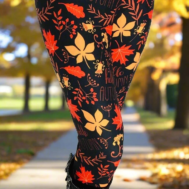 Womens Fall Oak Leaf Leggings, Soft Yoga Pants, Sizes OS/TC Yoga Waist, Black/Orange, Exclusive Leggings Comfortable Cold Weather Leggings