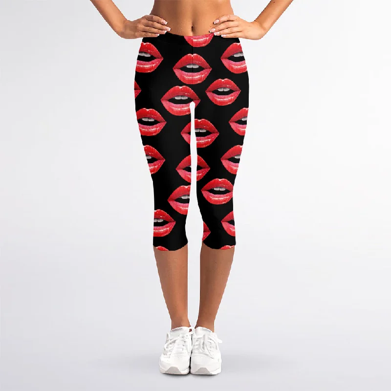 Women's Lips Pattern Print Women's Capri Leggings Trendy Minimalist Leggings