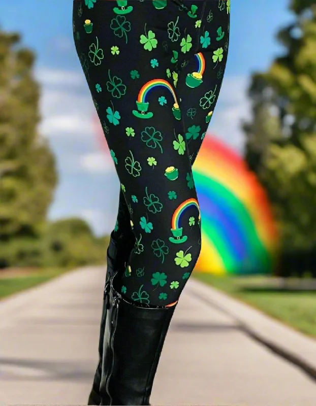 Womens Shamrock Rainbow St. Patrick Day Leggings, Soft Yoga Pants, Sizes OS/TC, Yoga Waist, Exclusive Leggings Trendy Fitness Leggings