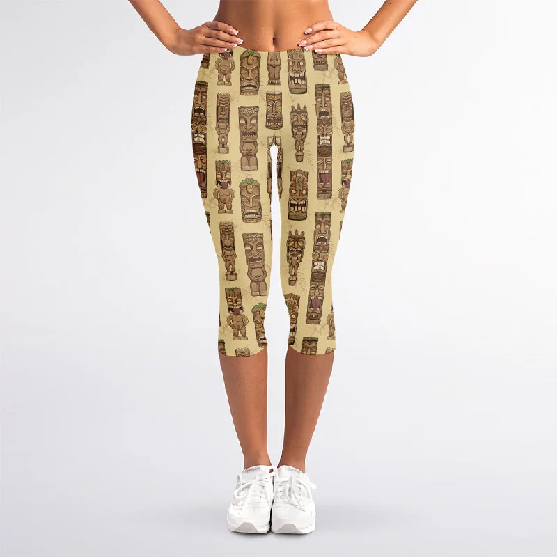 Wooden Tiki Pattern Print Women's Capri Leggings Stylish Printed Stretch Leggings