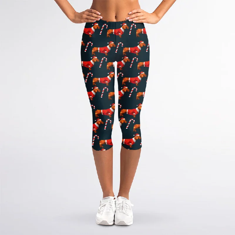 Xmas Dachshund Pattern Print Women's Capri Leggings Stylish Colorful Activewear Leggings