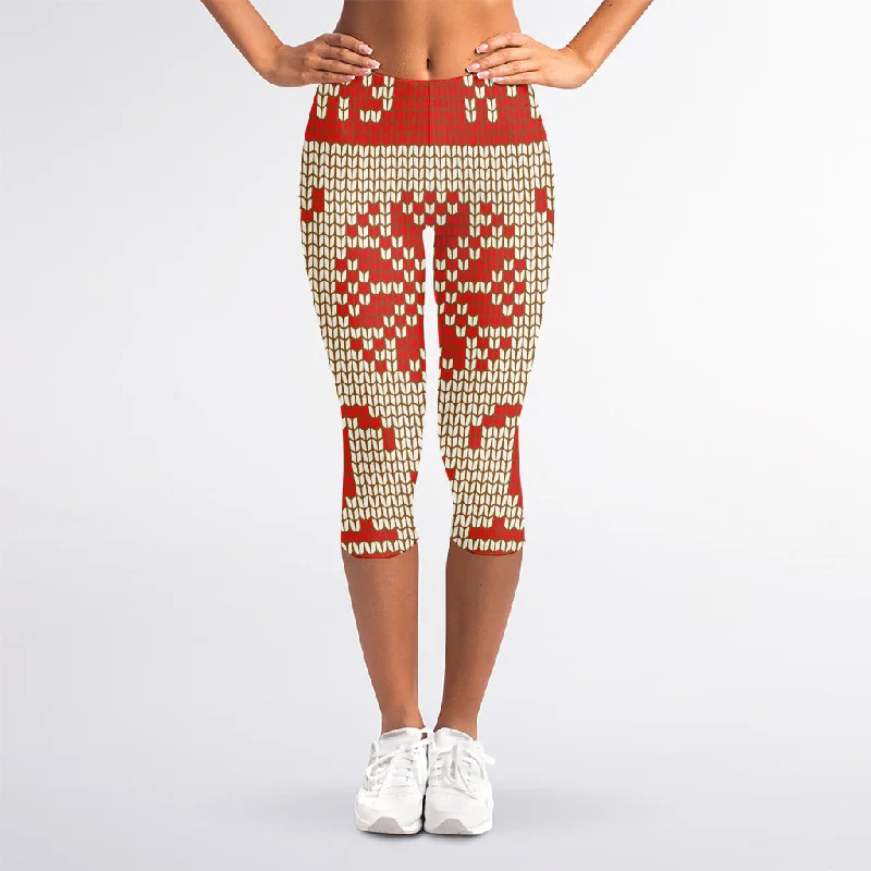 Xmas Deer Knitted Print Women's Capri Leggings Fashionable Smooth Fit Leggings