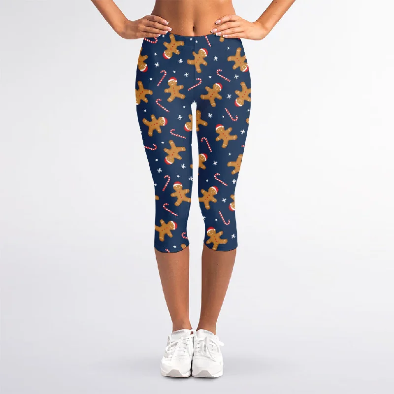 Xmas Gingerbread Man Pattern Print Women's Capri Leggings Cozy Sweat-Wicking Leggings