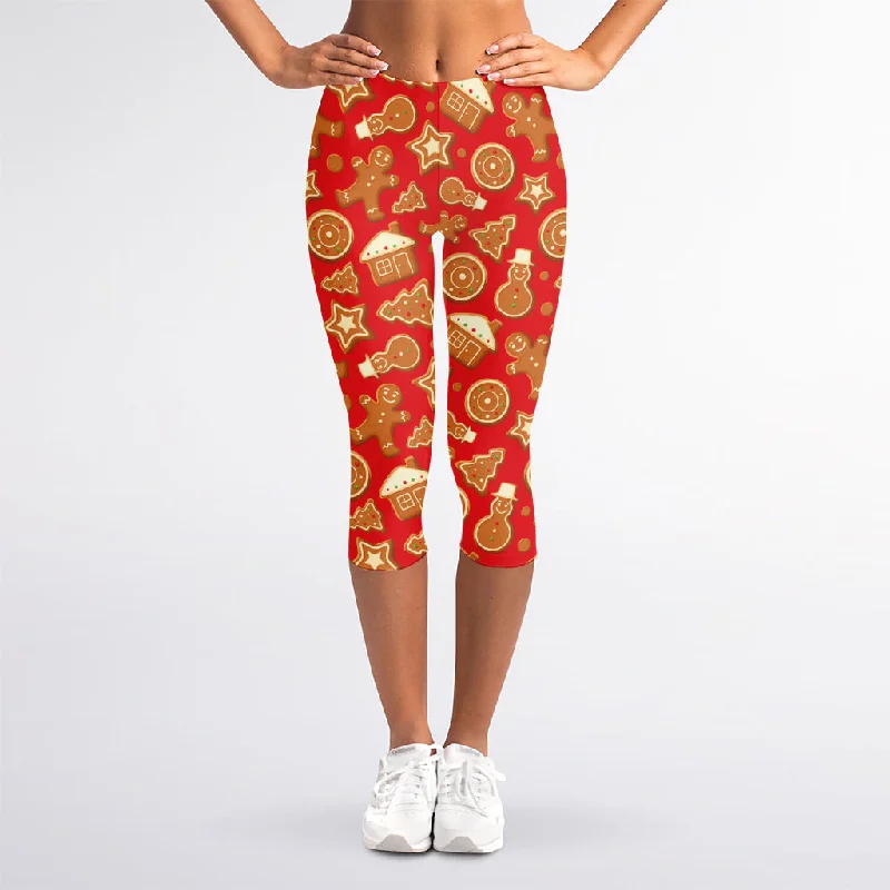 Xmas Gingerbread Pattern Print Women's Capri Leggings Comfortable Yoga Tights Leggings