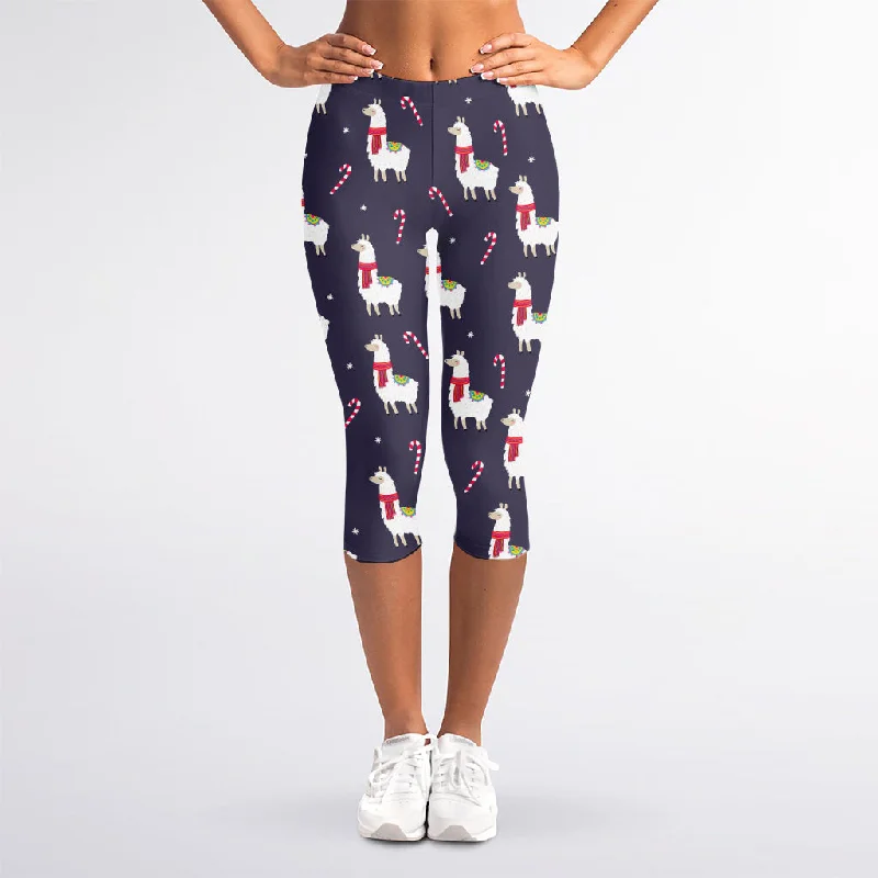 Xmas Llama Pattern Print Women's Capri Leggings Trendy Sporty Compression Leggings