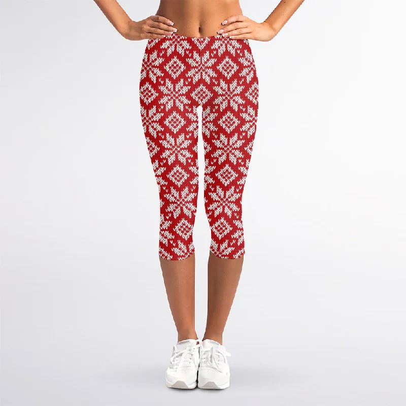 Xmas Nordic Knitted Pattern Print Women's Capri Leggings Stylish Sporty Performance Leggings