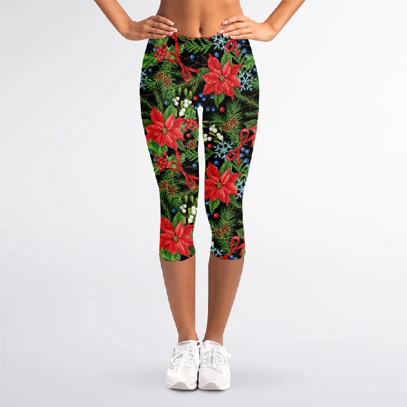 Xmas Poinsettia Pattern Print Women's Capri Leggings Stylish Lightweight Leggings