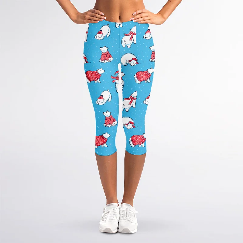 Xmas Polar Bear Pattern Print Women's Capri Leggings Comfortable Zip-Up Leggings