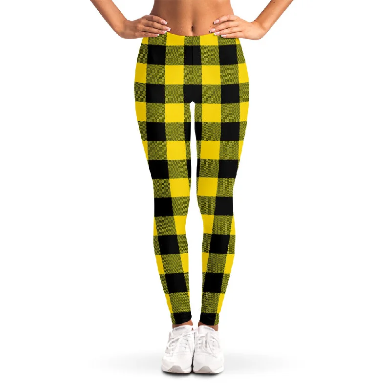 Yellow And Black Buffalo Check Print Women's Leggings Fashionable Minimal Active Leggings