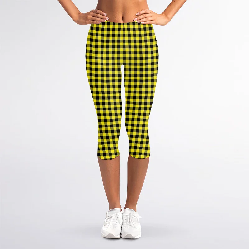 Yellow And Black Check Pattern Print Women's Capri Leggings Trendy Flared Leggings