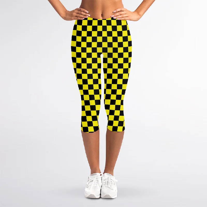 Yellow And Black Checkered Pattern Print Women's Capri Leggings Elegant Sheer Leggings