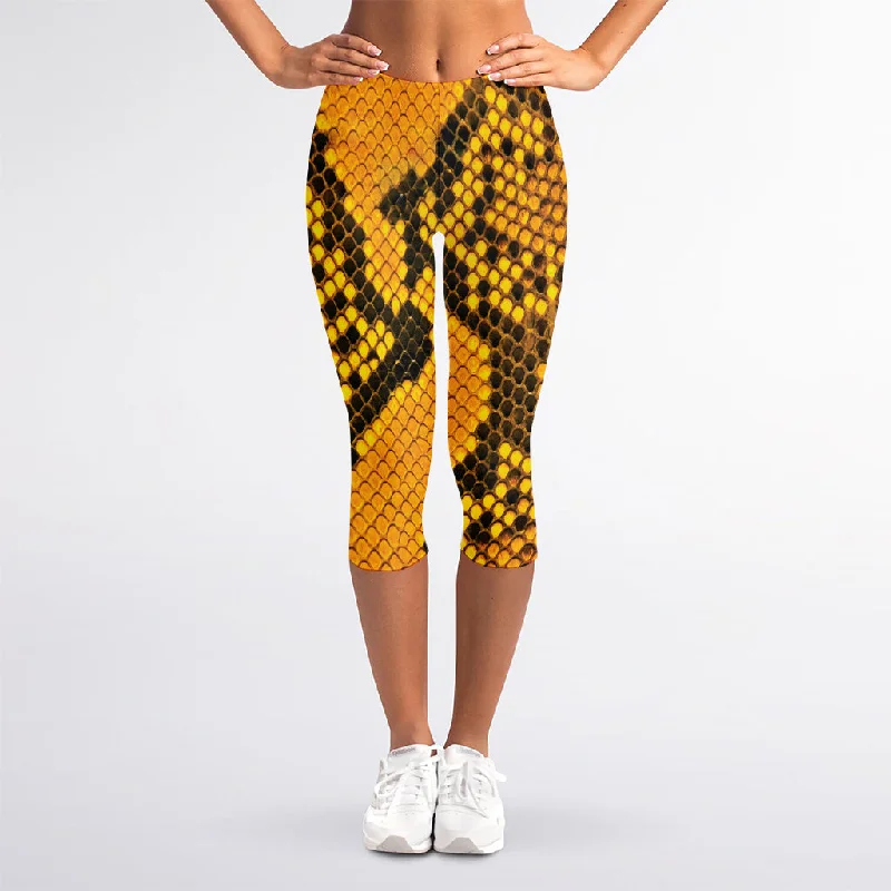 Yellow And Black Snakeskin Print Women's Capri Leggings Trendy Cold Weather Tights