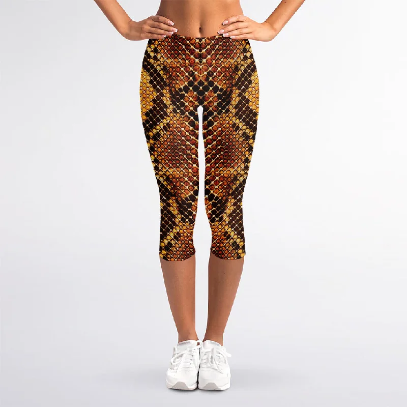 Yellow And Brown Snakeskin Print Women's Capri Leggings Stylish Athletic Wear Leggings