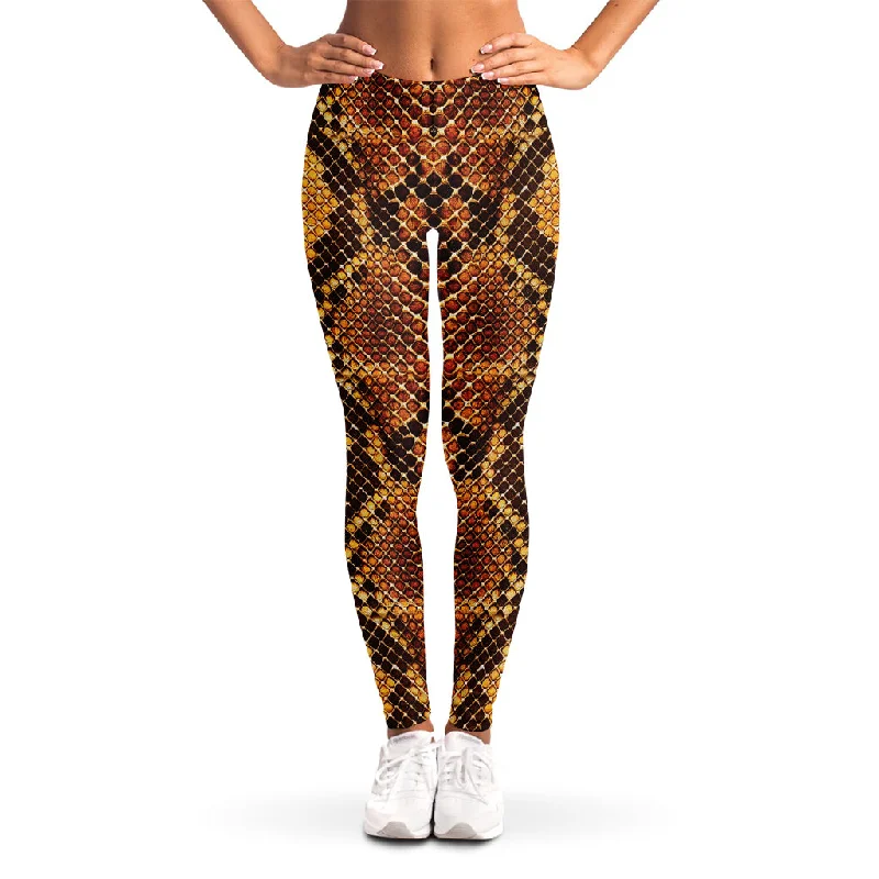 Yellow And Brown Snakeskin Print Women's Leggings Chic Floral Print Leggings