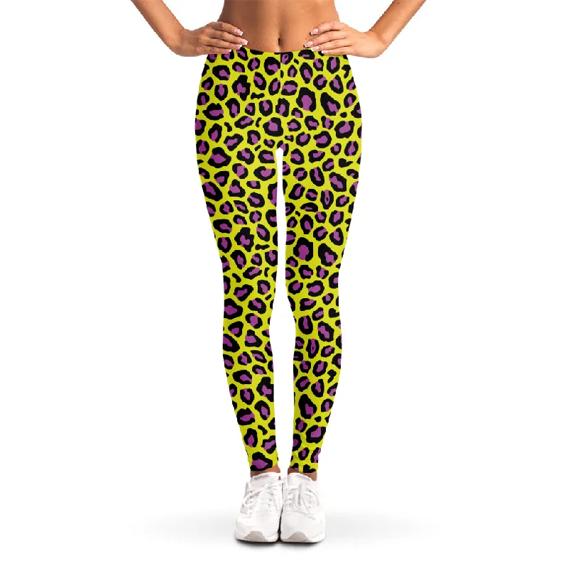 Yellow And Purple Leopard Pattern Print Women's Leggings Stylish High-Waisted Leggings