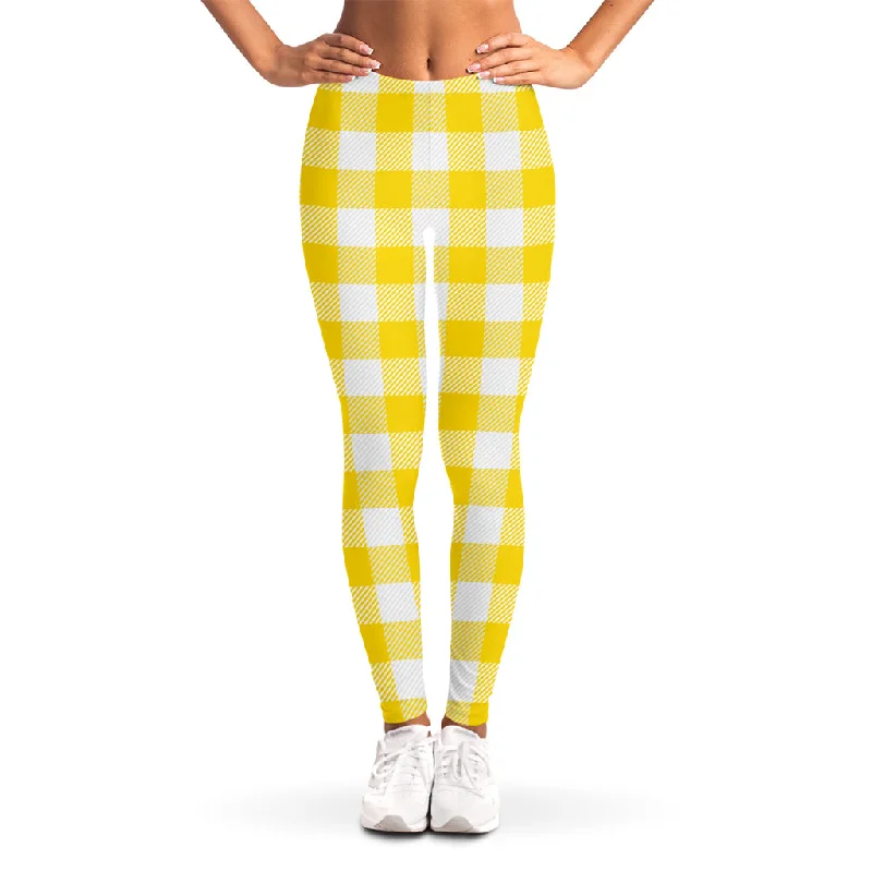 Yellow And White Buffalo Check Print Women's Leggings Stylish Colorful Activewear Leggings