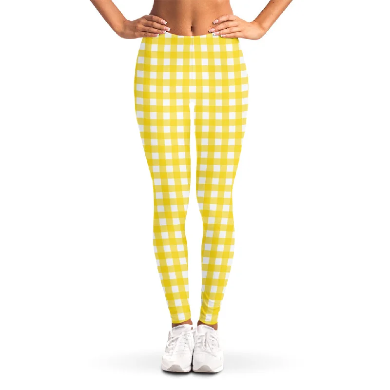 Yellow And White Check Pattern Print Women's Leggings Elegant Sheer Leggings