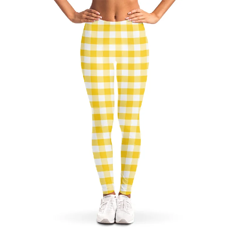 Yellow And White Gingham Pattern Print Women's Leggings Fashionable Solid Color Tights