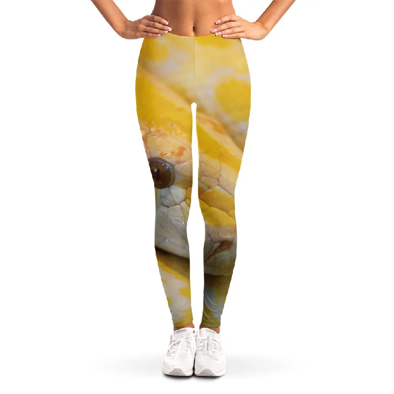 Yellow And White Python Snake Print Women's Leggings Trendy Spandex Leggings