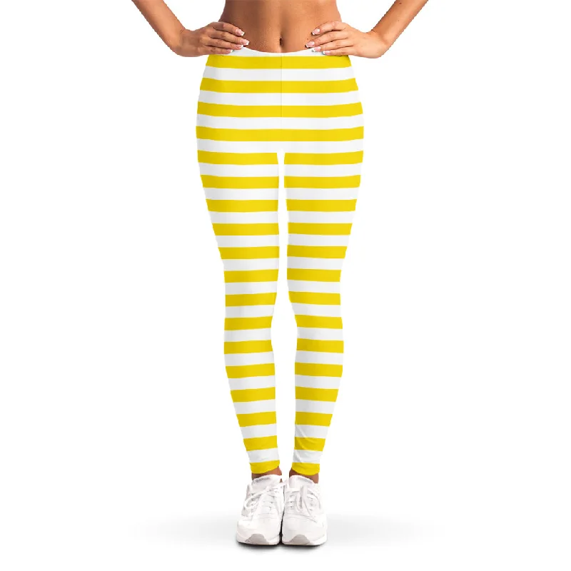 Yellow And White Striped Pattern Print Women's Leggings Stylish Printed Sport Leggings