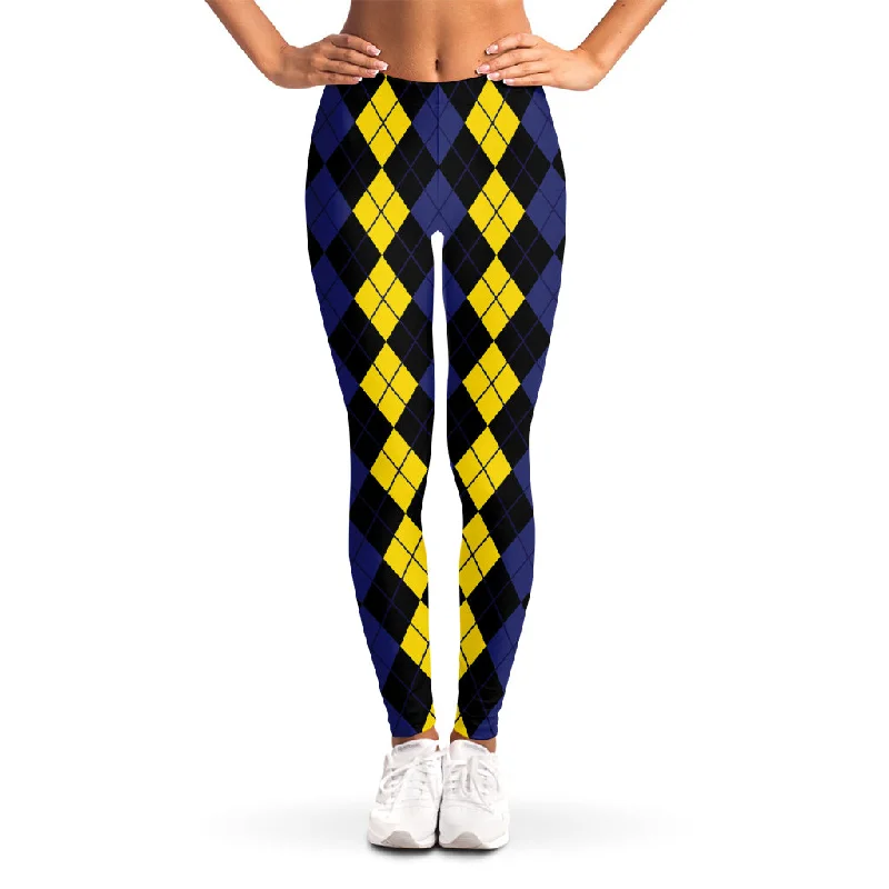 Yellow Black And Blue Argyle Print Women's Leggings Comfortable Fleece-Lined Leggings