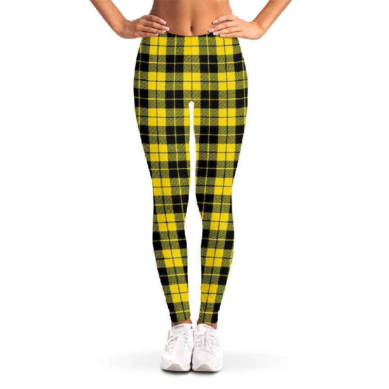 Yellow Black And Blue Tartan Print Women's Leggings Elegant Black Leggings